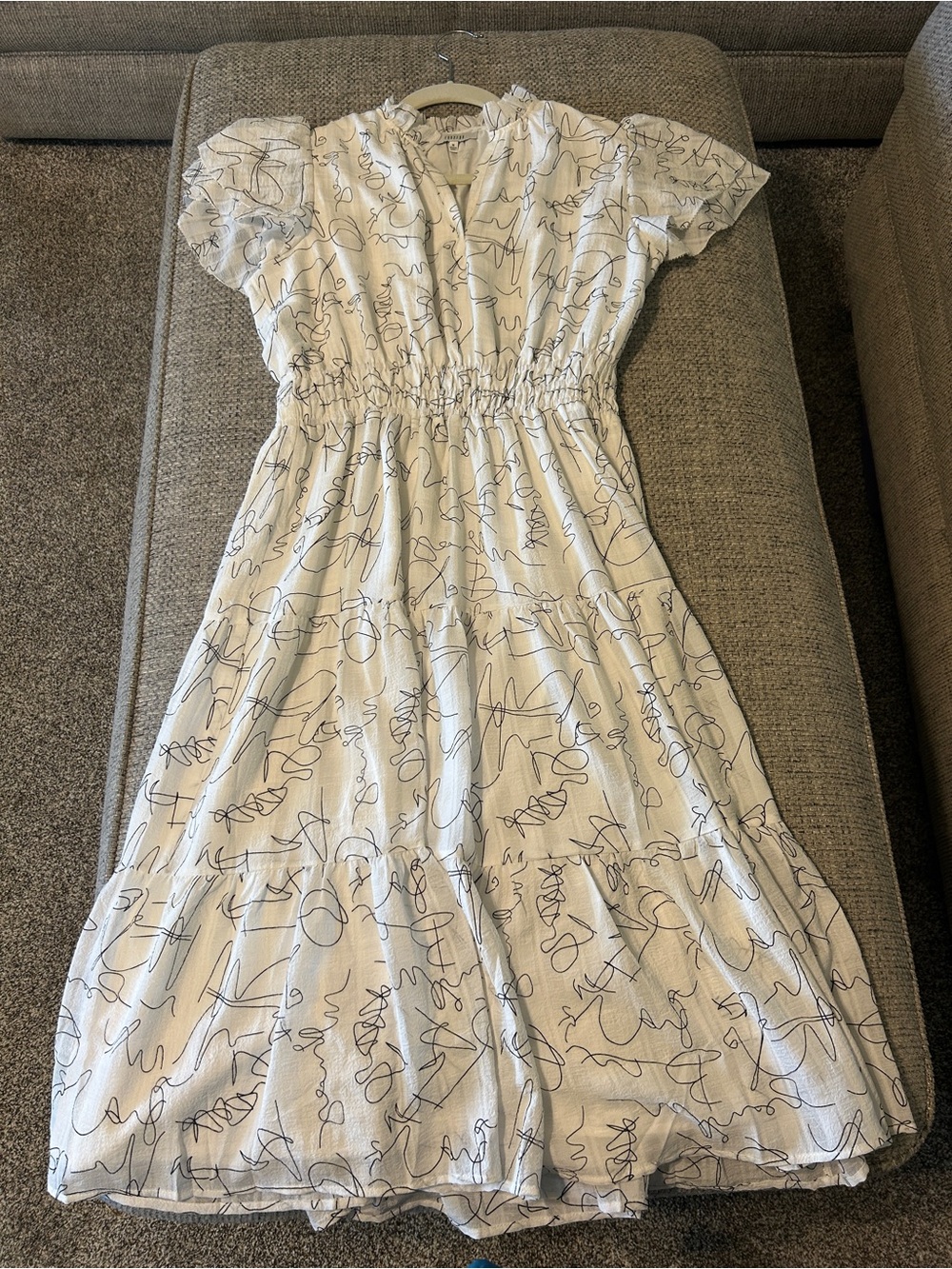 fun 2 fun White Midi Dress with Black Scribble Print